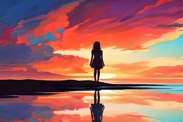 Chromatic Convergence: Girl Immersed in Intense Colors, AI-generated art of charming girl standing in the intense colors painting. Girl Standing in the Depths of Intense Painting. 