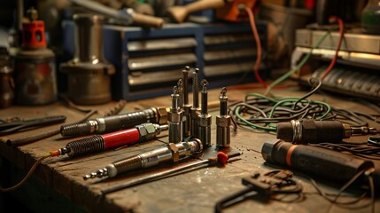 Artistic shot of spark plugs, wires, and ignition components laid out on a workbench, ready for installation during a tune-up