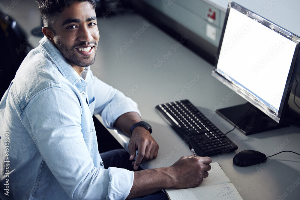 Fototapete Man, student and portrait with writing notebook at IT college with smile for education with coding. Person, e learning and mockup space on computer screen for programming, study and academy in Mumbai