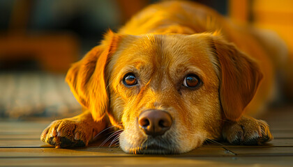 A dog is laying on the ground.