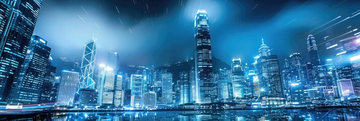 Fototapeta premium City Blue. Panoramic Night View of Hong Kong City Life with Blue Skyscrapers