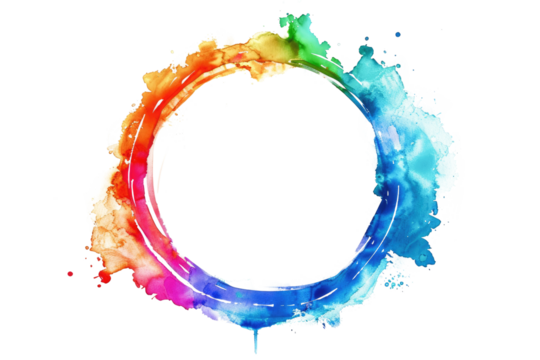 rainbow colored watercolor circle with copy space isolated on white or transparent png