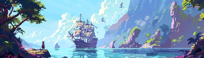 A pirate ship sails through a narrow strait between two large cliffs