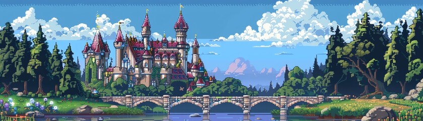 Obraz premium A beautiful pixel art image of a fantasy castle. The castle is surrounded by a moat and a forest. There are mountains in the background. The sky is blue and there are some clouds.