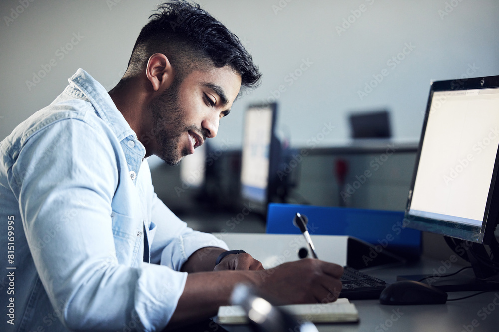 Poster Man, student and thinking with writing in notebook at IT college with smile for education with coding. Person, e learning and notes for computer with programming, study and problem solving in Mumbai
