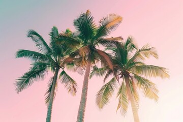Summer Trees. Pink Sky Sunset Backlighting over Caribbean Palm Trees on Beach Coastline