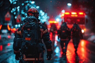 Obraz premium Emergency response team in action during a crisis, dramatic lighting, action shot