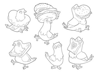 Cartoon pigeons birds with a bread, a sandwich and a doughnut. Set of pigeon characters. Funny vector illustration. Isolated white background. Outline hand drawn doodle vector illustration of doves