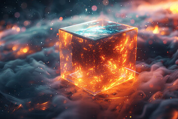 An abstract composition featuring a holographic cube floating in space, with shimmering, prismatic effects and dynamic reflections.