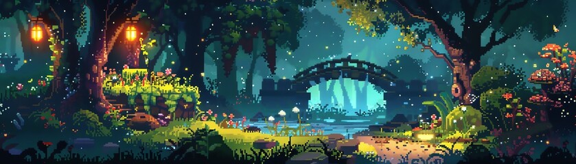 A beautiful pixel art image of a forest with a bridge over a river