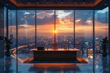 Executive wooden desk with a cityscape view, dusk lighting, wide angle