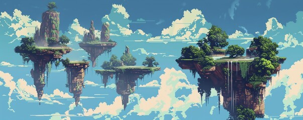 A beautiful pixel art image of a sky full of floating islands