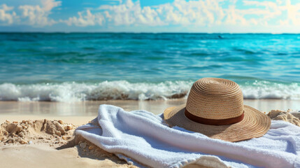 A hat resting on a colorful towel on the sandy beach, under the bright sun with clear blue skies
