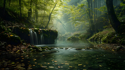Whispers of Wilderness: A Forest Stream Amidst Lush Greenery with a Mountainous Backdrop