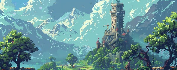 A pixel art image of a fantasy castle. The castle is surrounded by a forest and there are mountains in the background. The sky is blue with white clouds.