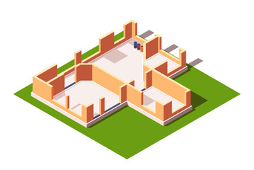 Isometric illustration of a construction site with unfinished walls, concept of architecture. Isometric vector illustration isolated on white background