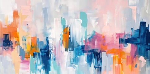 Abstract painting of a cityscape with a light blue and orange color palette.