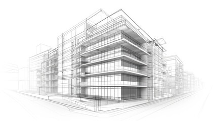 Building Drawing. 3D Wireframe Perspective of Urban Development and Architectural Blueprint