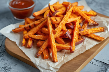 Close up baked sweet potato fries with sauce ketchup and salt on wooden cutting board, baking paper on grey concrete background, delicious chips