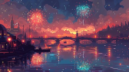 Naklejka premium A beautiful pixel art of a cityscape with a river flowing through it