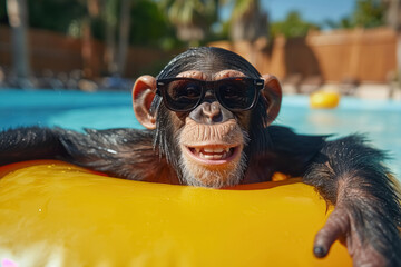 Happy monkey with sunglasses swimming in the pool on an inflatable yellow circle. Concept relax in resort on holidays in vacation
