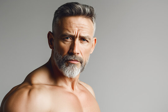 Fabulous at any age. Portrait of charismatic muscular 60 years old man standing over light gray background. Perfect haircut and body. Close up. Copy-space. Studio shot