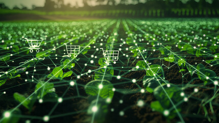 Agricultural e-commerce concept with connected shopping carts in a digitalized crop field