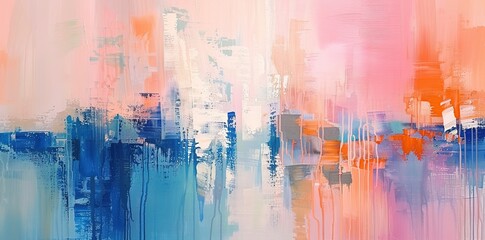 Abstract painting of a cityscape with a light blue and orange color palette.