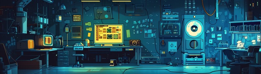 Fototapeta premium A dark and moody room filled with computers and other electronic equipment