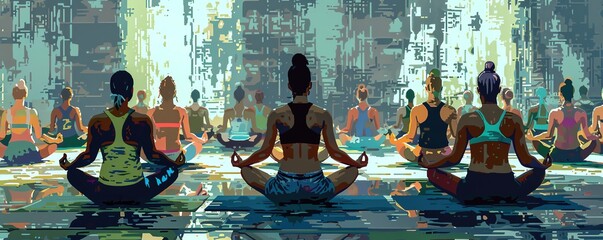 A group of diverse women in a yoga class, sitting in meditation pose