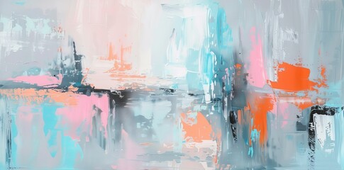 Abstract painting of a cityscape with a light blue and orange color palette.