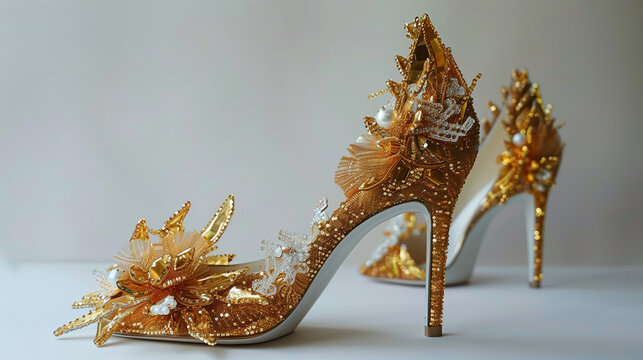 golden high heel sendles with stone and beeds for brides --ar 16:9 --v 6