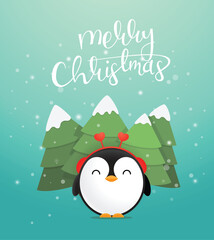 Merry Christmas greeting card design with a cute penguin with Christmas trees. Vector illustration