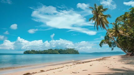 Palm trees line a sandy beach, under a clear blue sky. The waves gently kiss the shore, creating a serene atmosphere