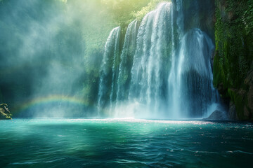 Jungle waterfall cascade in tropical rainforest with rock and turquoise blue pond