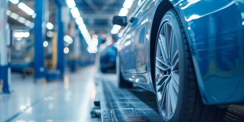 Car factory production line with robotic arm welding. Auto manufacturing plant. Industrial automotive assembly.