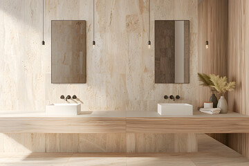 Minimalistic contemporary modern bathroom with two sinks and mirrors