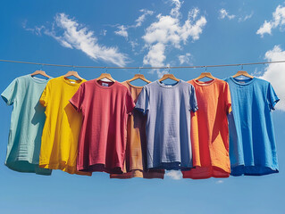 Colorful T-Shirts Hanging on a Line Against Blue Sky