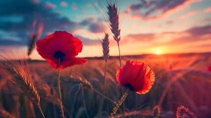 Two poppy flowers among the wheat at sunset. Colorful morning scene of blooming red poppys on green meadow. Beauty of countryside concept background.