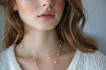 A detailed shot of a woman wearing a classic cashmere sweater, with subtle jewelry and a soft, neutral background, emphasizing the beauty of simplicity.