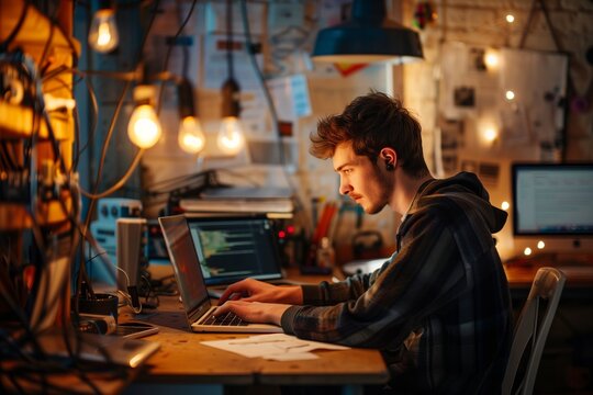 Young male hacker in a dark room working on his computer.