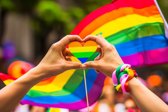 Supporting hands make heart sign in front of a rainbow flag flying on the sidelines of a summer gay pride parade
