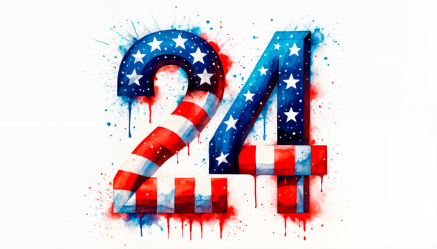 Number 24 in vibrant U.S. flag colors, dripping design, suitable for July 4th events and national celebrations, promoting patriotism