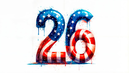 number 26 adorned in U.S. flag colors with a melting effect, symbolizing American Independence Day celebrations on July 4th. Ideal for patriotic event promotions and creative commercial displays.