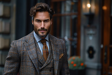 An image of a well-dressed man in a tailored, high-quality suit, set against a muted, luxurious backdrop, showcasing timeless and refined style.