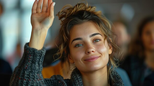 A woman raising her hand to speak during a QA session at a business strategy seminar