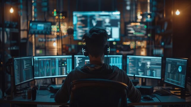 An AI programmer coding at a workstation surrounded by multiple monitors, in a dark room illuminated by screen light