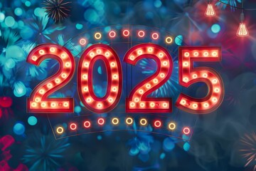 2025 New Year background, 2025 greeting card, theater eve poster, Christmas lights congratulation