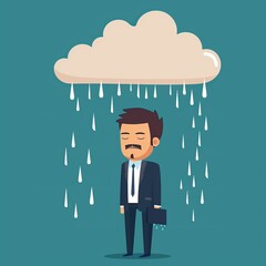 Businessman, standing under rain, pessimistic man under cloud, sad business man, unlucky, misfortune