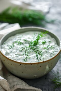 Dill sauce in bowl, tzatziki greek dip, tarator, cacik or tartar with lemon, dill dressing, mayo, yogurt cream
